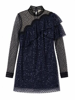 Self-Portrait Navy Sequin Lace Ruffle Mini Dress US 0 UK 4